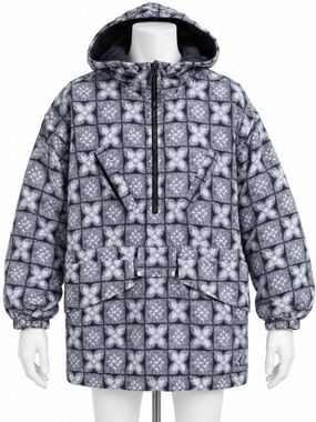 Vintage Belfe & Belfe Blue Gray Floral Hooded Anorak Jacket Oversized Medium EUC